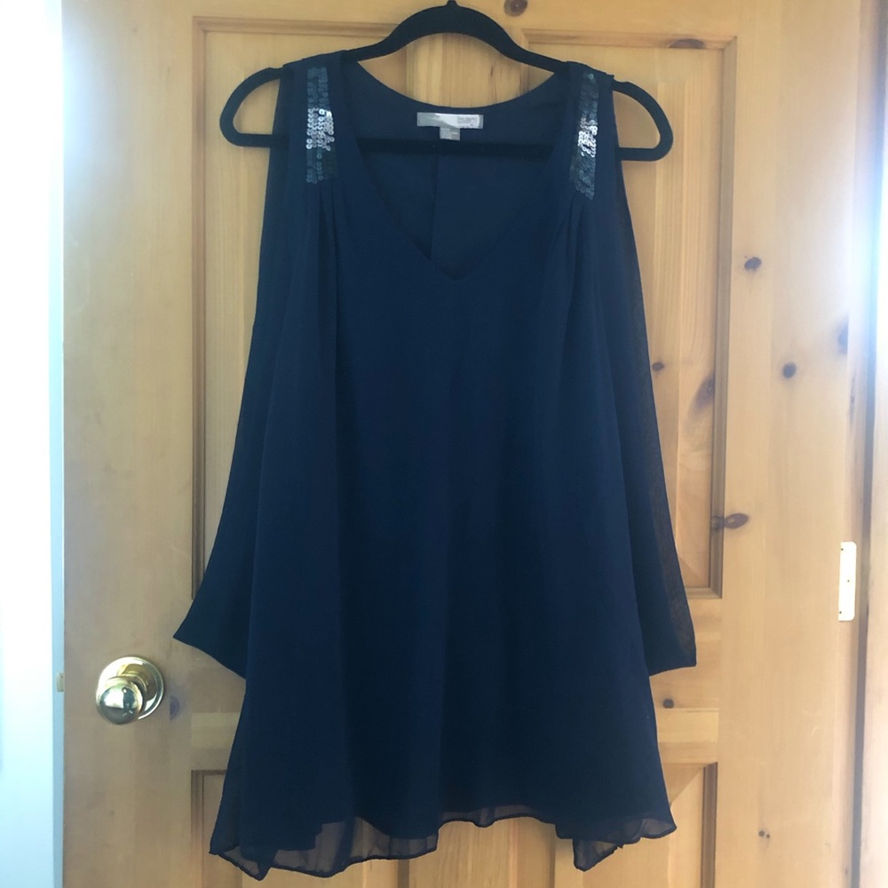 F21 Navy Blue Chiffon Cape Dress w Sequin Detail